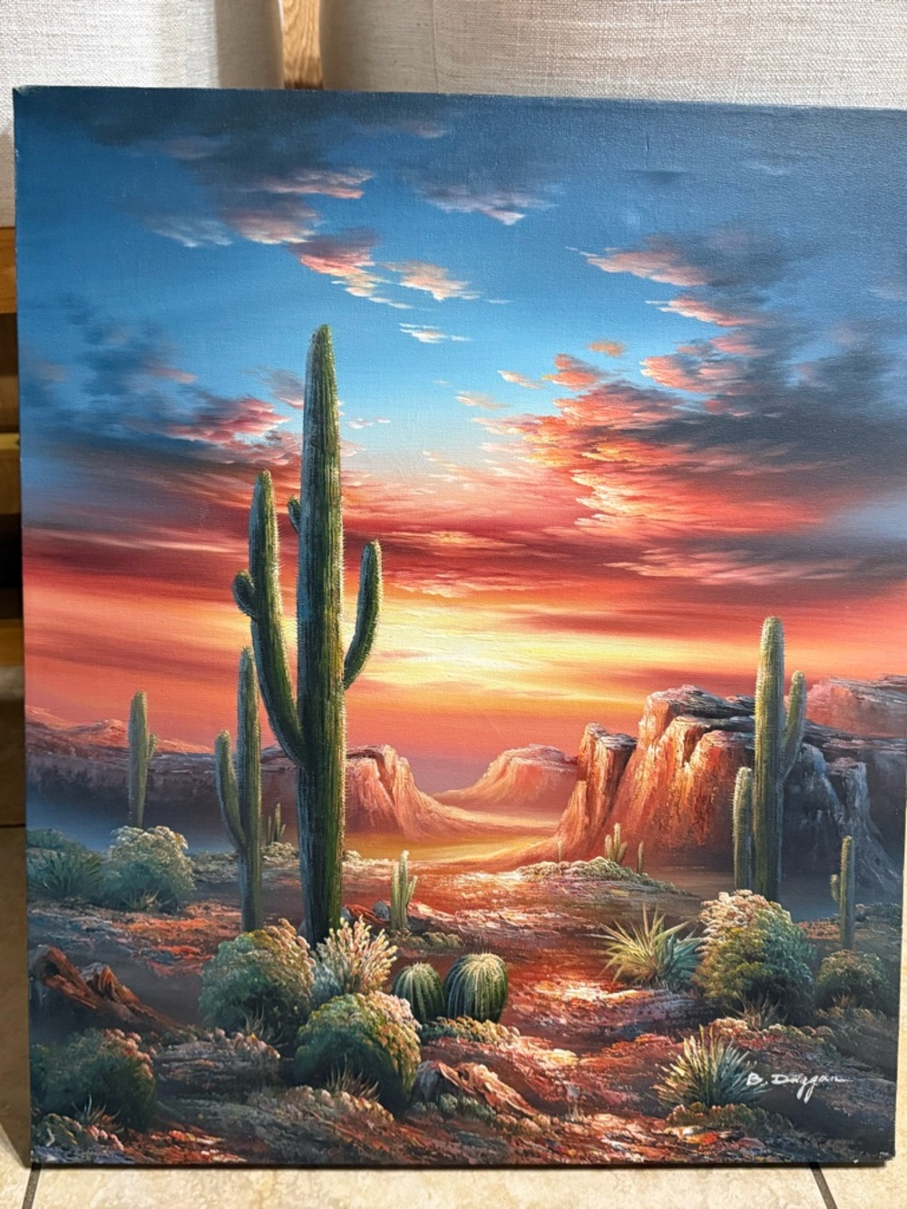 Sunset Cactus Desert Canvas Wall Art - Orange and Blue